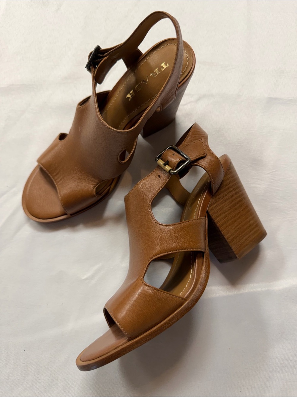 Trask Cognac Leather Cutout Block Heel Sandals